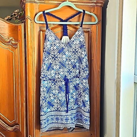 Madelyn Rae blue and white romper. Y2K lined.  Size medium. Razor back. Nice - Picture 1 of 10